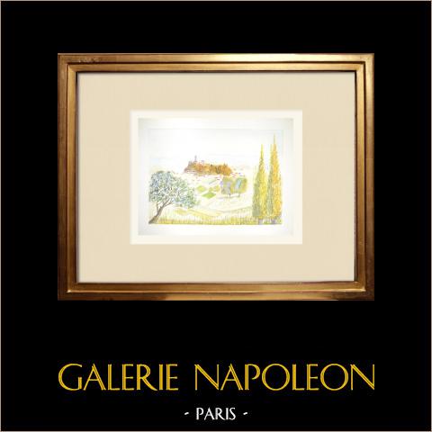 Ansicht von Polignac - Mittelalterliche Festung - Kirche St-Martin - Haute-Loire (Frankreich) | Original aquarell auf Papier von Louis Gibert. Signée en bas à gauche. Titrée en bas à droite. Datierte 1987