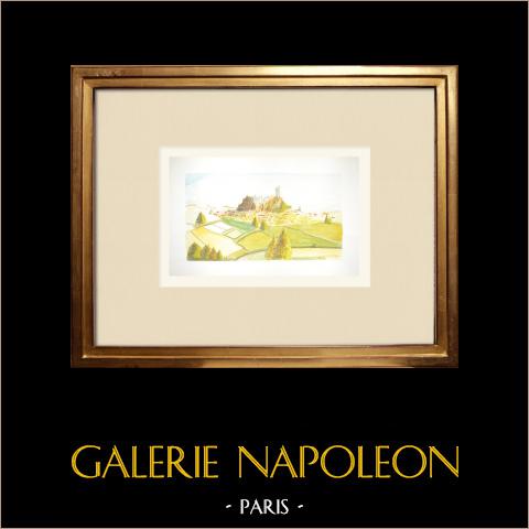 Ansicht von Polignac - Mittelalterliche Festung - Kirche St-Martin - Haute-Loire (Frankreich) | Original aquarell auf Papier von Louis Gibert. Signée en bas à droite. Titrée en bas à gauche. Datierte 1987