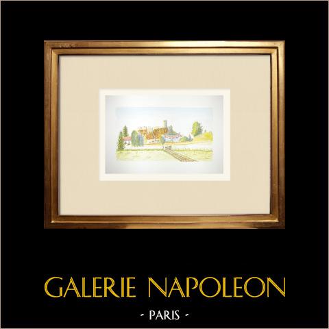 Ansicht von Polignac - Mittelalterliche Festung - Kirche St-Martin - Haute-Loire (Frankreich) | Original aquarell auf Papier von Louis Gibert. Signée en bas à droite. Titrée en bas à gauche. Datierte 1987