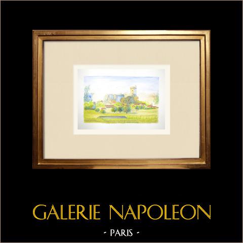 Ansicht von Polignac - Mittelalterliche Festung - Kirche St-Martin - Haute-Loire (Frankreich) | Original aquarell auf Papier von Louis Gibert. Signée en bas à gauche. Titrée en bas à droite. Datierte 1997