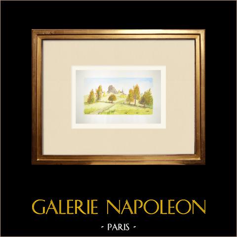 Veduta del Queyrières - Alta Loira (Francia) | Acquarello originale su carta dipinto da Louis Gibert. Signée en bas à droite. Titrée en bas à gauche. Datatoe 1985