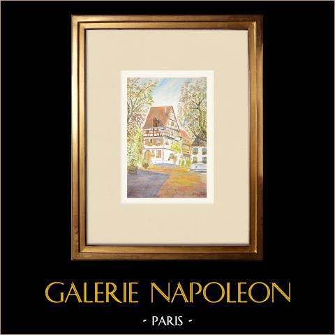 Veduta di Riquewihr - Casa - Pozzo - 16 secolo - Alto Reno - Alsazia (Francia)  | Acquarello originale su carta dipinto da Louis Gibert. Signée en bas à droite. Titrée en bas à gauche. Datatoe 1981