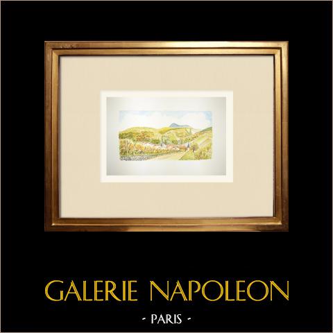 Veduta di Riquewihr - Vigneti - Alto Reno (Francia) | Acquarello originale su carta dipinto da Louis Gibert. Signée en bas à droite. Titrée en bas à gauche. Datatoe 1981