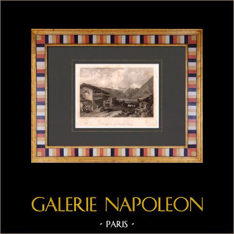 Casa con tetto di paglia vicino a Briga - Canton Vallese (Svizzera) | Stampa calcografica originale a bulino disegnata da Stanfield, incisa da Allen. 1835