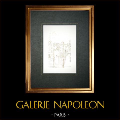 Ansicht von Annecy-le-Vieux - Brücke Morens - Thiou - Haute-Savoie (Frankreich) | Original tuschezeichnung gezeichnet von Louis Gibert. Datiert 1985