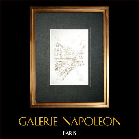 Ansicht von Annecy-le-Vieux - Brücke Morens - Thiou - Haute-Savoie (Frankreich) | Original tuschezeichnung gezeichnet von Louis Gibert. Datiert 1985