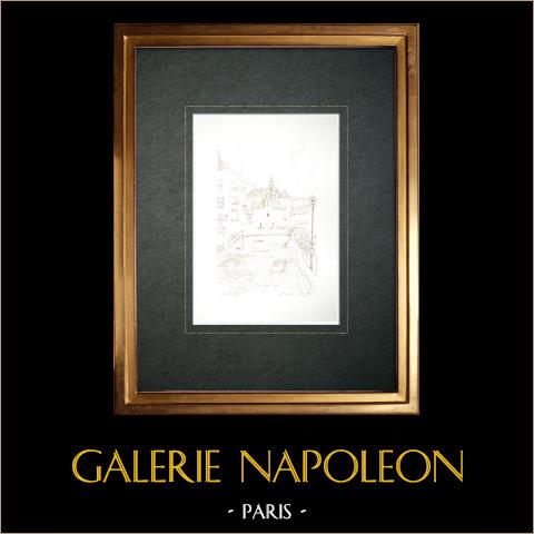 Ansicht von Annecy-le-Vieux - Brücke Morens - Thiou - Haute-Savoie (Frankreich) | Original tuschezeichnung gezeichnet von Louis Gibert. Datiert 1985