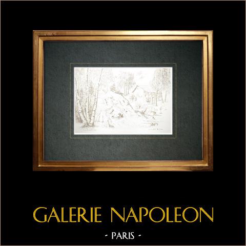 Clavans-en-Haut verso Besse-en-Oisans - Isère (Francia) | Disegno a inchiostro originale disegnato da Louis Gibert. Datato 1984