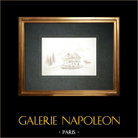 Veduta dell'Alpe d'Huez - Isère (Francia) | Disegno a inchiostro originale disegnato da Louis Gibert. Datato 1984