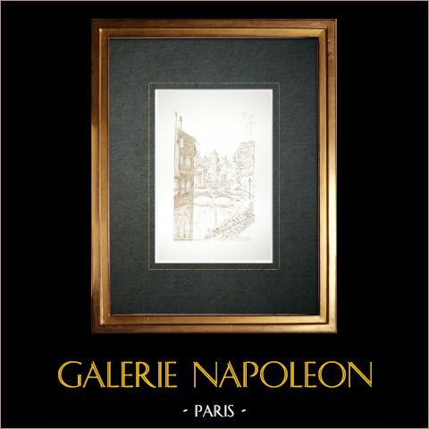 Ansicht von Annecy-le-Vieux - Kais des Alten Kanals - Thiou - Haute-Savoie (Frankreich) | Original tuschezeichnung gezeichnet von Louis Gibert. Datiert 1985