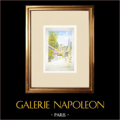 Ansicht von Vic-sur-Cère - Kirchplatz - Cantal (Frankreich)  | Original aquarell auf Papier von Louis Gibert. Datiert 1998