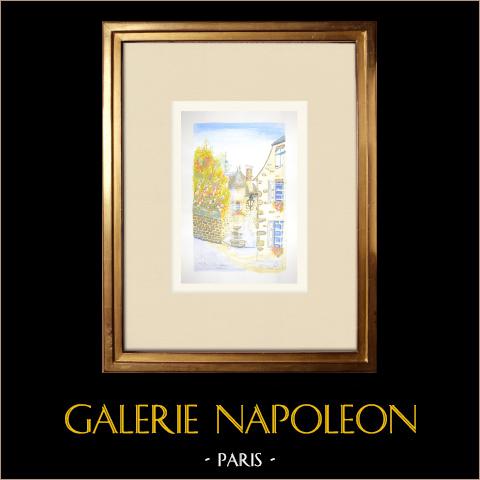 Ansicht von Vic-sur-Cère - Maison du Chevalier des Huttes - Cantal (Frankreich)  | Original aquarell auf Papier von Louis Gibert. Datiert 1990