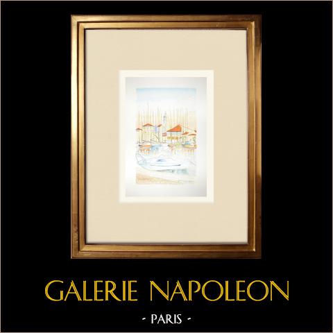 Martigues Marina - Bouches-du-Rhône (Frankreich) | Original aquarell auf Papier von Louis Gibert. Datiert 1988