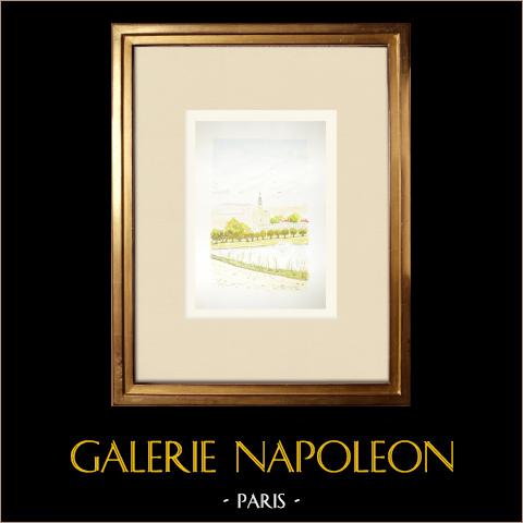 Veduta di Aigues-Mortes - Bastioni - Torre di Costanza - Gard (Francia) | Acquarello originale su carta dipinto da Louis Gibert. Datato 1988