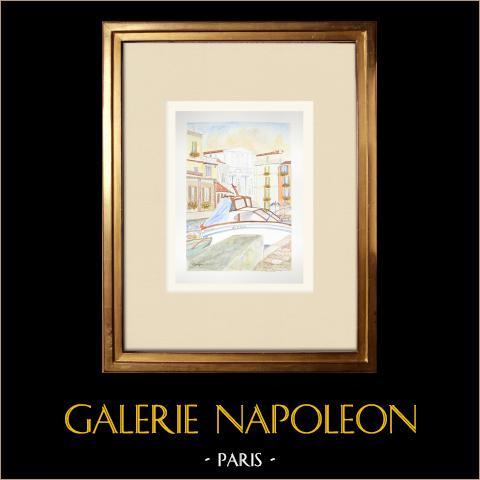 Martigues Marina - Bouches-du-Rhône (Frankreich) | Original aquarell auf Papier von Louis Gibert. Datiert 1988