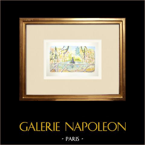 Giardino Henri Vinay - Le Puy-en-Velay - Alta Loira (Francia)  | Acquarello originale su carta dipinto da Louis Gibert. Datato 1971