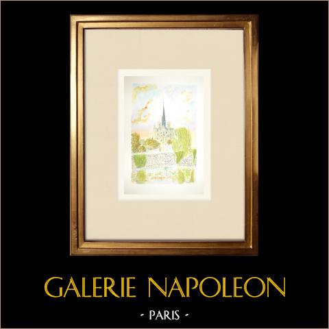 Duomo - Cattedrale Notre-Dame di Parigi (Francia) | Acquarello originale su carta dipinto da Louis Gibert. Datato 1988