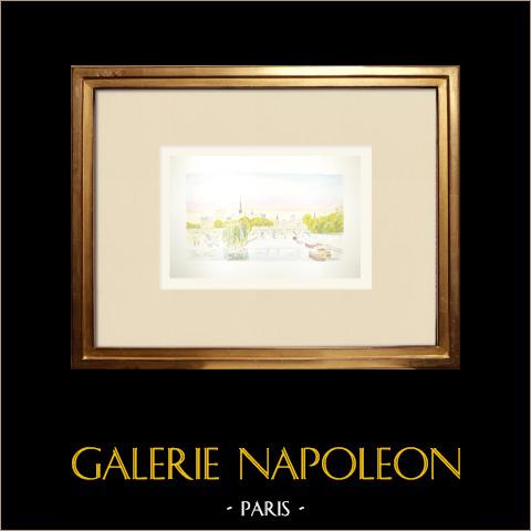 Vista di Parigi - Senna - L'Île de la Cité e Pont Neuf | Acquarello originale su carta dipinto da Louis Gibert. Datato 1985