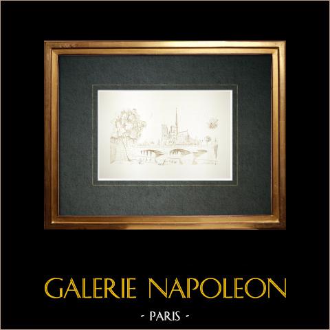 Duomo - Cattedrale Notre-Dame di Parigi (Francia) | Disegno a inchiostro originale disegnato da Louis Gibert. Datato 1987