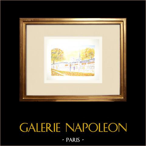 Veduta di Parigi - Quai de la Tournelle - Les Bouquinistes (Francia) | Acquarello originale su carta. Firmato in basso a destra. Intitulado in basso a sinistra. Datato 1986