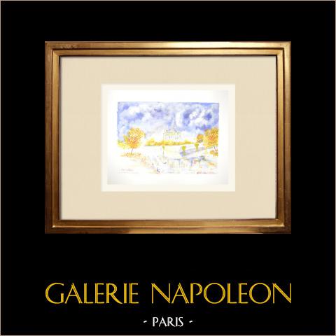 Cattedrale di Notre Dame a Parigi vista dal Pont de la Tournelle (Francia) | Acquarello originale su carta. Firmato in basso a destra. Intitulado in basso a sinistra. Datato 1986