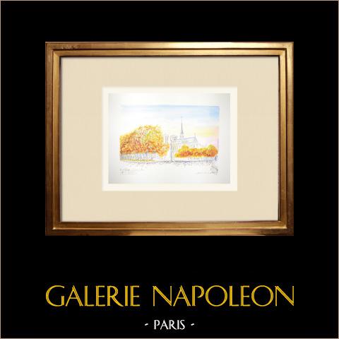 Veduta di Parigi - Banchina Montebello - Les Bouquinistes (Francia) | Acquarello originale su carta. Firmato in basso a destra. Intitulado in basso a sinistra. Datato 1986