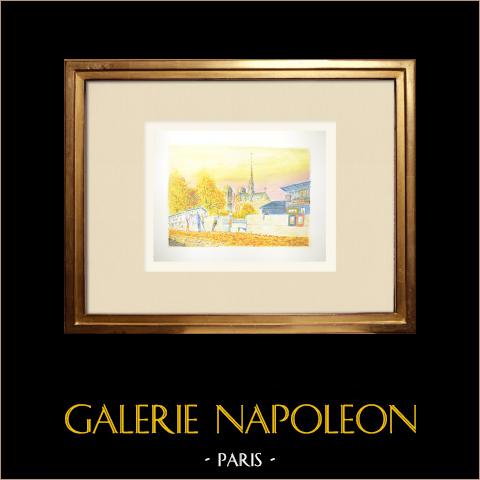 Veduta di Parigi - Banchine della Senna - Les Bouquinistes (Francia) | Acquarello originale su carta. Firmato in basso a destra. Intitulado in basso a sinistra. Datato 1986