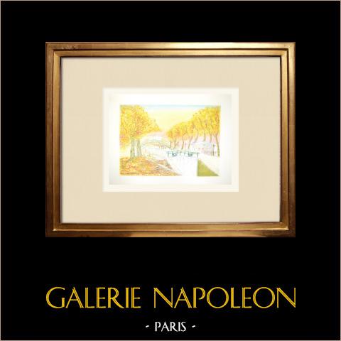 Veduta di Parigi - Rive droite - Canal Saint Martin - La Villette - Ourcq (Francia) | Acquarello originale su carta. Firmato in basso a destra. Intitulado in basso a sinistra. Datato 1986