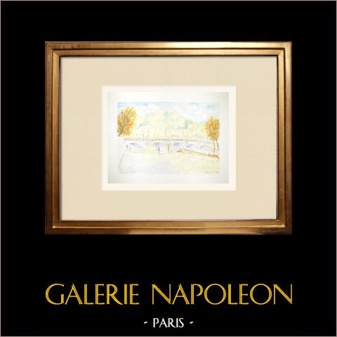 Veduta di Parigi - Senna - Il Pont Neuf (Francia) | Acquarello originale su carta. Firmato in basso a destra. Intitulado in basso a sinistra. Datato 1986