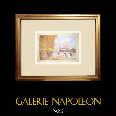 Veduta di Parigi - Ponte dell'Arcivescovo - Senna - Cattedrale di Notre-Dame di Parigi (Francia) | Acquarello originale su carta. Firmato in basso a destra. Intitulado in basso a sinistra. Datato 1977