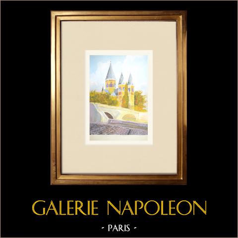 Tempio protestante di Metz - Mosella (Francia) | Acquarello originale su carta. Firmato in basso a sinistra. Intitulado in basso a destra. Datato 1976