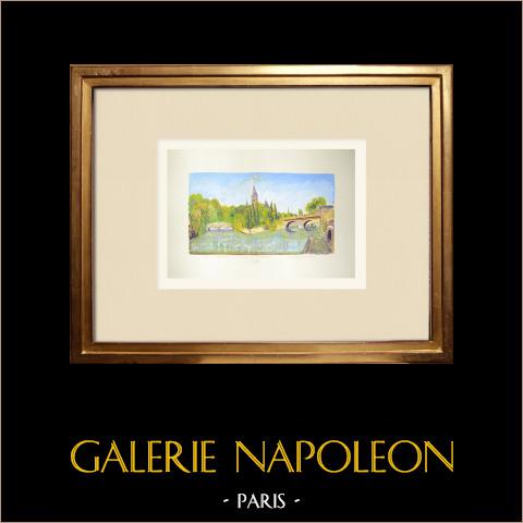 Veduta di Metz - Ponte St-Marcel - Tempio protestante - Ponte de la Comédie - Mosella (Francia)  | Acquarello originale su carta. Firmato in basso a destra. Datato 1970