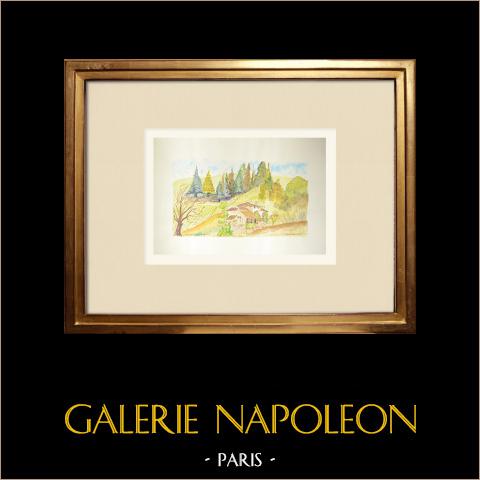 Ansicht von Saint-Barthélemy-le-Plain - Ardèche (Frankreich) | Original aquarell auf Papier. Signiert unten rechts. Betitelt unten links. Datiert 1974