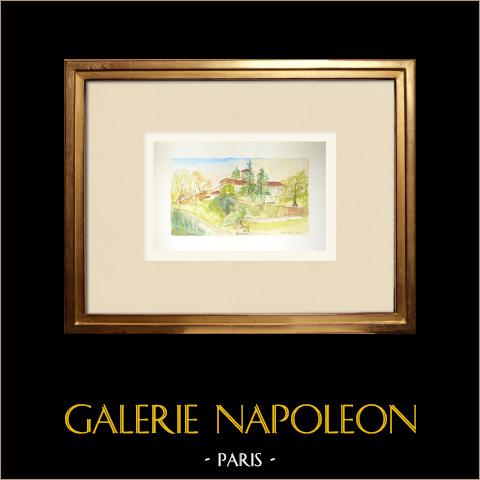 Ansicht von Saint-Barthélemy-Grozon - Ardèche (Frankreich) | Original aquarell auf Papier. Signiert unten rechts. Betitelt unten links. Datiert 1974