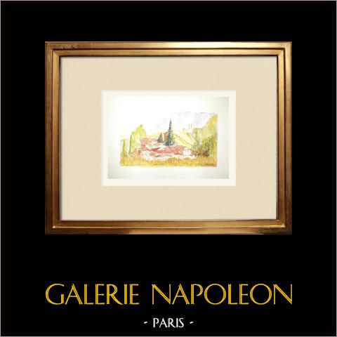 Ansicht von Saint-Barthélemy-Grozon - Ardèche (Frankreich) | Original aquarell auf Papier. Signiert unten rechts. Betitelt unten links. Datiert 1974