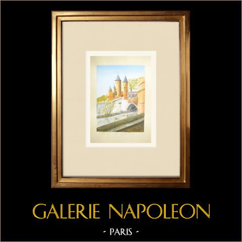 Vista di Metz - Porte des Allemands - Mosella (Francia)  | Acquarello originale su carta. Firmato in basso a destra. Intitulado in basso a sinistra. Datato 1977