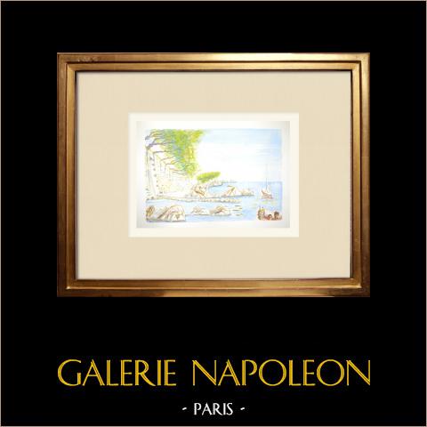 Ansicht von Èze - Alpes-Maritimes (Frankreich) | Original aquarell auf Papier. Signiert unten links. Betitelt unten links. Datiert 1986