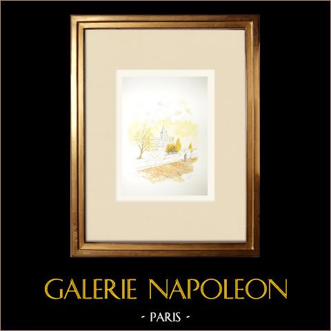 Veduta di Parigi - Senna - Quai de Gesvres - Tour Pointue (Francia)  | Acquarello originale su carta. Firmato in basso a destra. Intitulado in basso a sinistra. Datato 1987