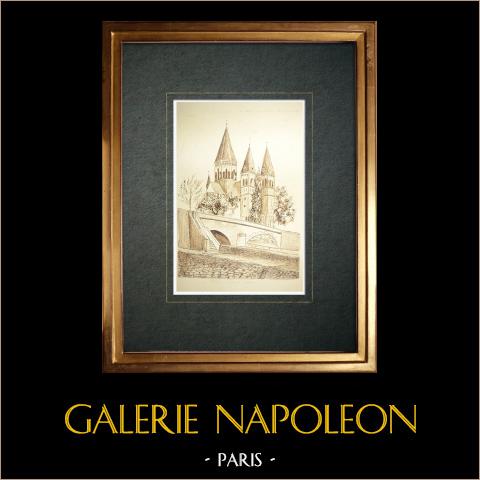 Veduta di Metz - Vecchio Tempio protestante - Mosella (Francia) | Disegno a inchiostro originale. Firmato in basso a sinistra. Intitulado in basso a sinistra. Datato 1976