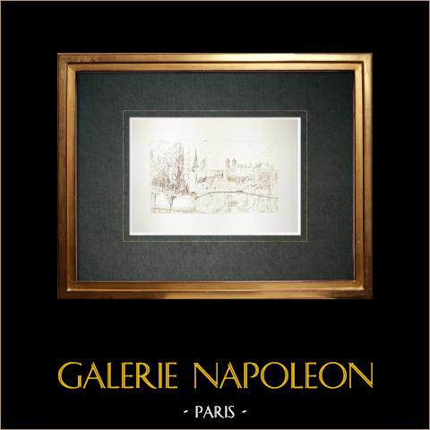 Veduta di Metz - Terme romane - Abbazia di Saint-Vincent - Mosella (Francia) | Disegno a inchiostro originale. Firmato in basso a destra. Intitulado in basso a sinistra. Datato 1974