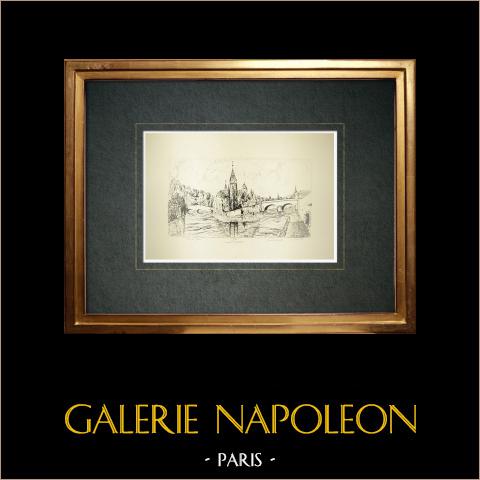 Veduta di Metz - Ponte St-Marcel - Tempio protestante - Ponte della Comédie - Mosella (Francia)  | Disegno a inchiostro originale. Firmato in basso a destra. Intitulado in basso a sinistra. Datato 1970