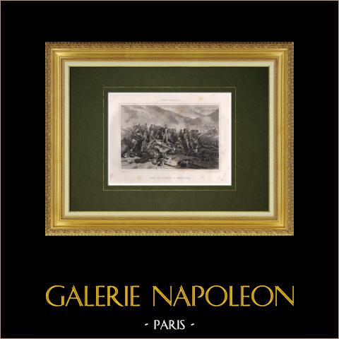 Morte del colonnello de Montagnac - Sidi-Brahim 1845 - Algeria (Nordafrica) | Stampa calcografica originale a bulino incisa da Geoffroy secondo Philippoteaux. 1846