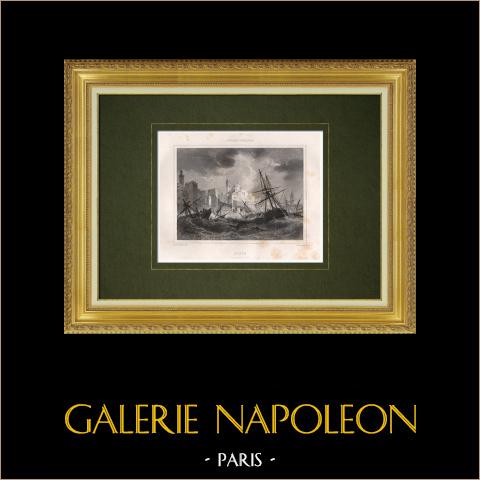 Veduta di Algeri (Algeria) | Stampa calcografica originale a bulino disegnata da Morel-Fatio, incisa da Outhwaite. 1846