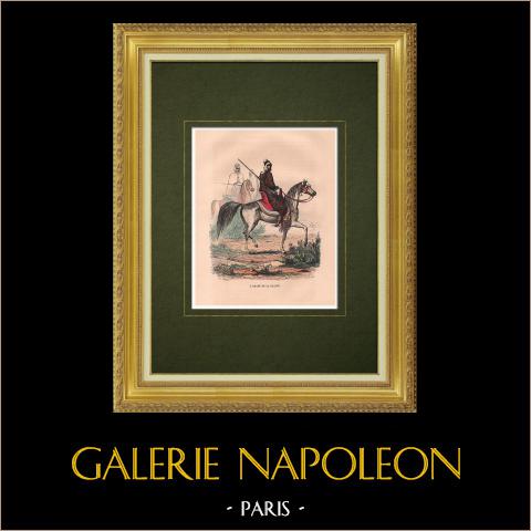 Ritratto di un cavaliere arabo - Pianure del Nord Africa - Costume Tradizionale | Incisione xilografica originale disegnata da Th. Frere, incisa da Rose. Acquerellata a mano. 1846