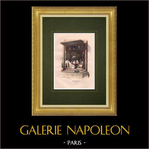 Un mercante Moro ad Algeri (Nord Africa) | Incisione xilografica originale disegnata da Deghouy, incisa da Philippoteaux. Acquerellata a mano. 1846