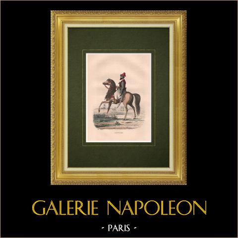 Un Giannizzero - Algeria - Algeri - Costume tradizionale (Nord Africa) | Incisione xilografica originale disegnata da Th. Frere. Acquerellata a mano. 1846