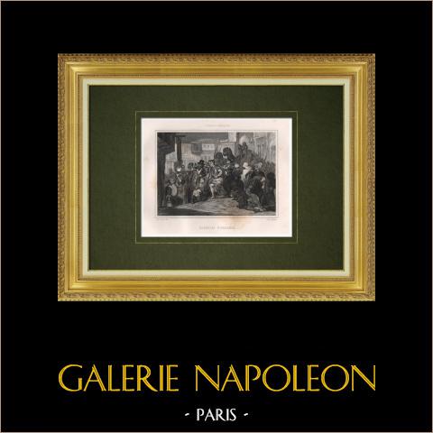 Veduta del Carnevale di Ouargla - Sahara algerino (Nord Africa) | Stampa calcografica originale a bulino disegnata da Nanteuil, incisa da Leguay. 1846