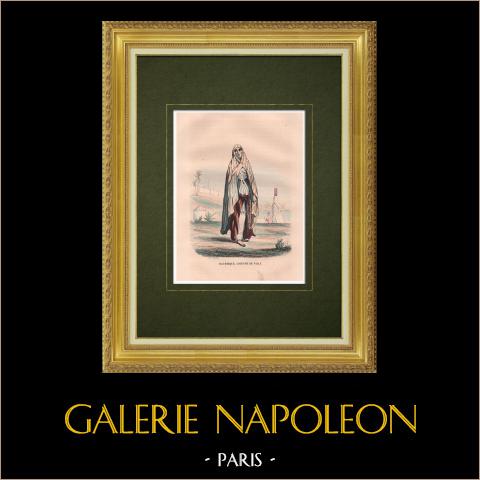 Costume di una donna Moresca ad Algeri - Algeria (Nord Africa) | Incisione xilografica originale disegnata da Frere. Acquerellata a mano. 1846