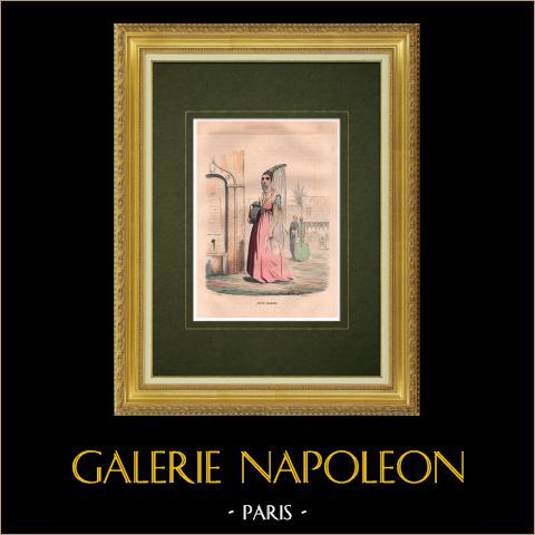 Costume di una donna ebrea sposata | Incisione xilografica originale disegnata da Frere, incisa da Deghouy. Acquerellata a mano. 1846