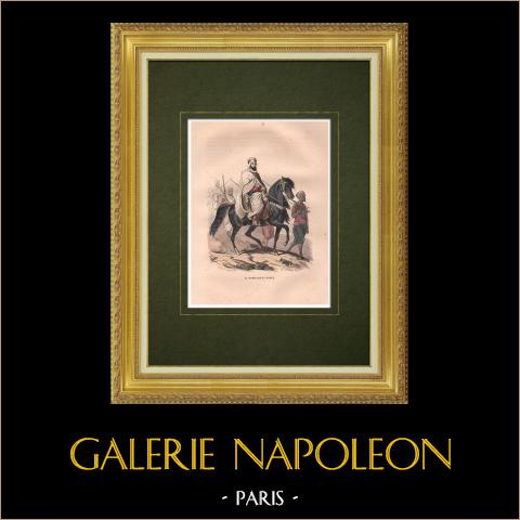 Ritratto equestre dell'Emiro Abdelkader (1808-1883) | Incisione xilografica originale disegnata da Spypplaowski, incisa da Philippoteaux. Acquerellata a mano. 1846